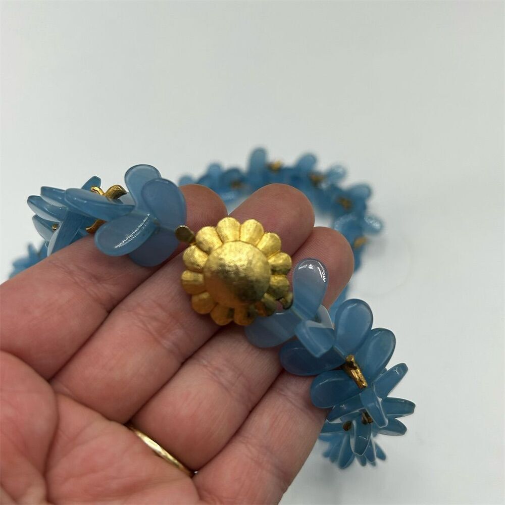 Vintage Unique Blue Floral Beaded Necklace Gold-Tone Clasp 1950s Original - Picture 2 of 4